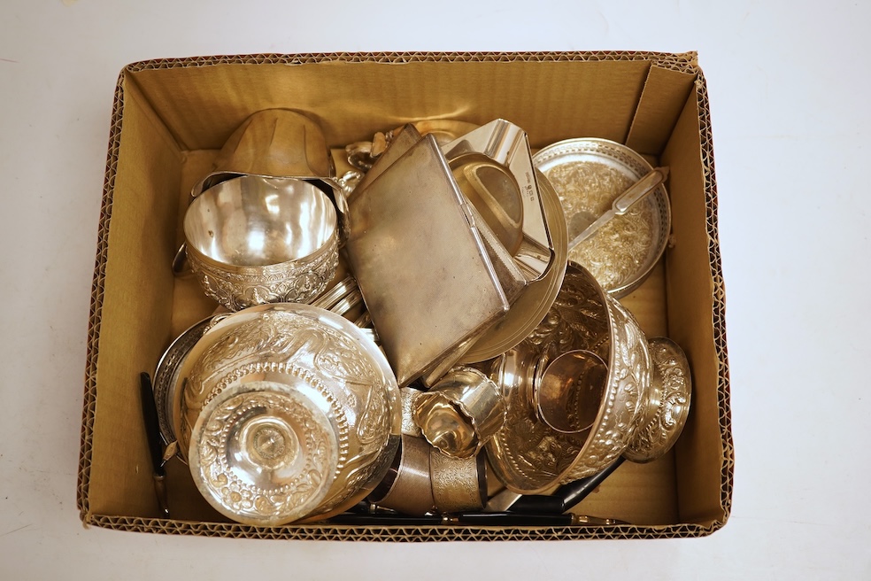 Two George V engine turned silver cigarette cases, largest 12.6cm, together with a pair of Asprey & Co silver ashtrays, a small silver dish, a silver condiment, six silver napkin rings, seven plated items and a quantity